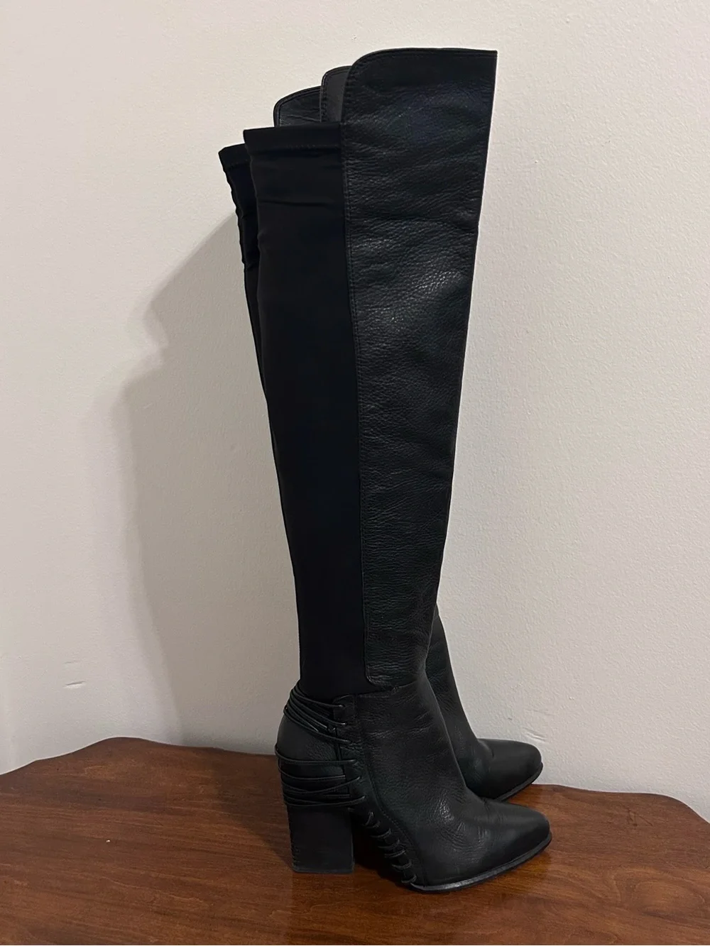 Dolce Vita Black Over-the-Knee Leather & Stretch Block Heel Boots Size 8